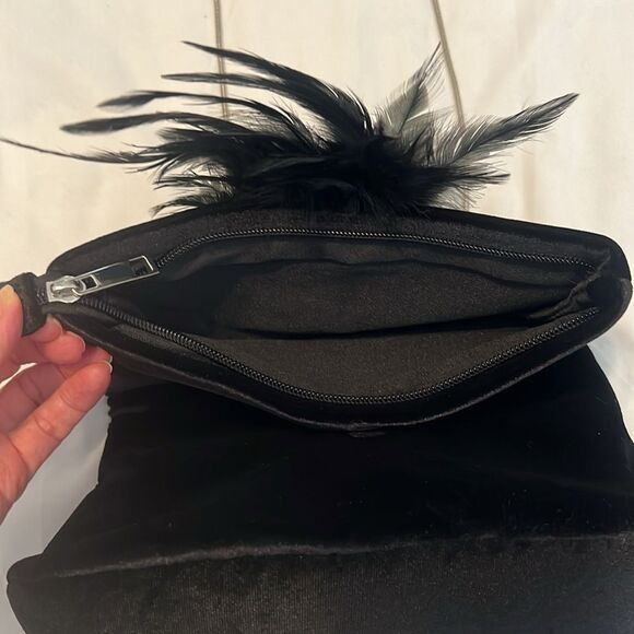 Elegant Black Feathered Rhinestone embellished velvet handbag EUC - Picture 7 of 13